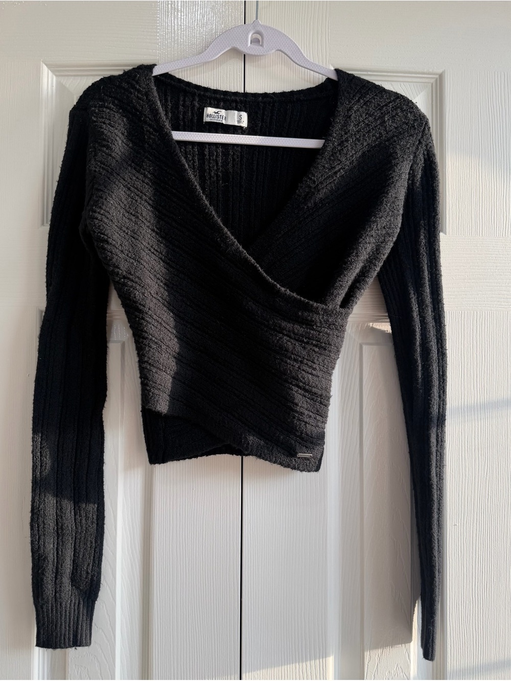 Hollister Black Ribbed Wrap V-Neck Sweater Top